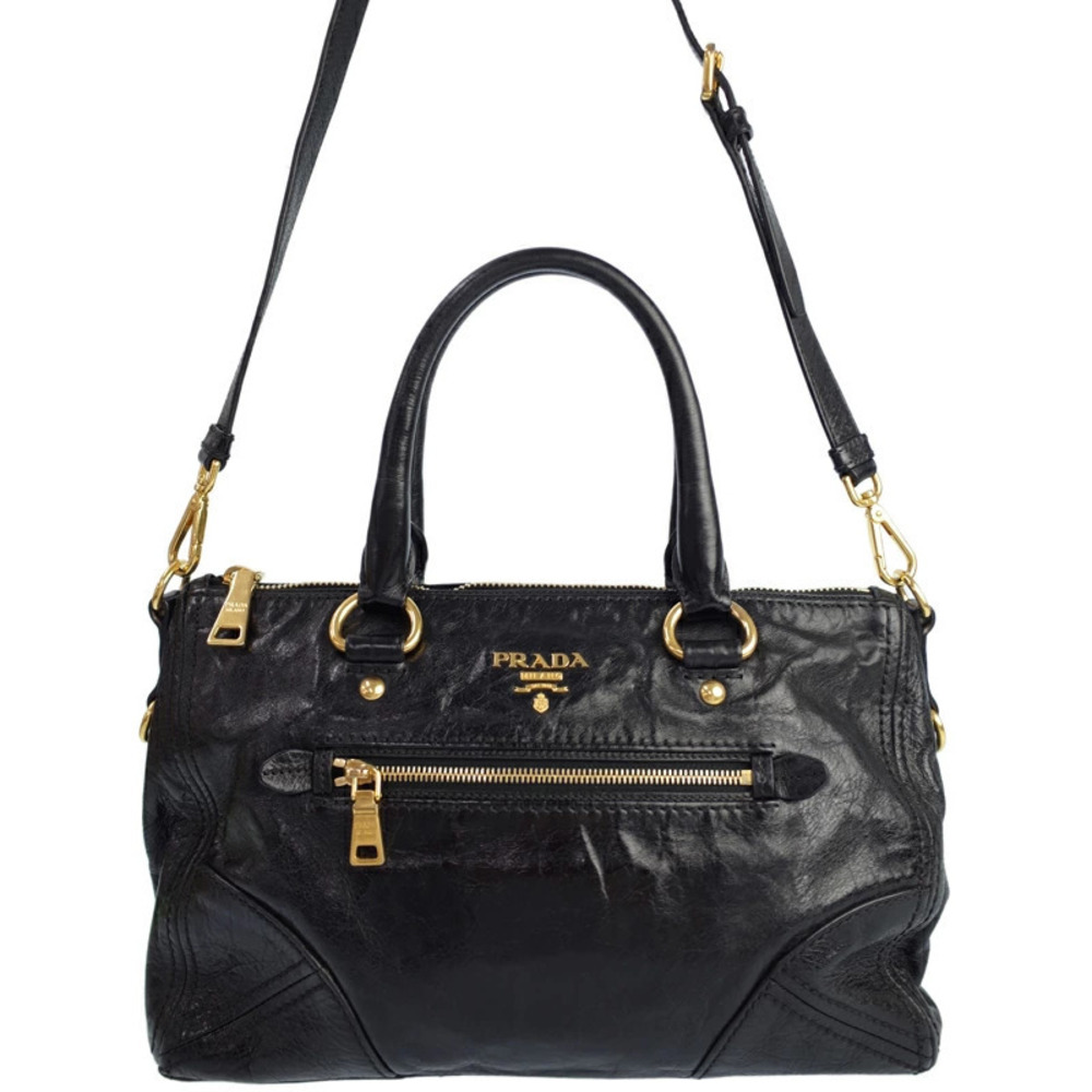 Prada Black Vitello Shine Leather East West Bauletto Bag